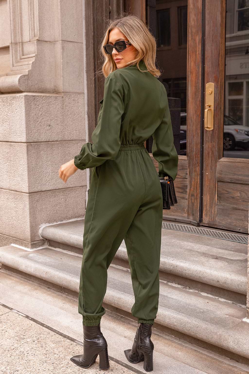 Olive Collared Long Sleeve Jumpsuit