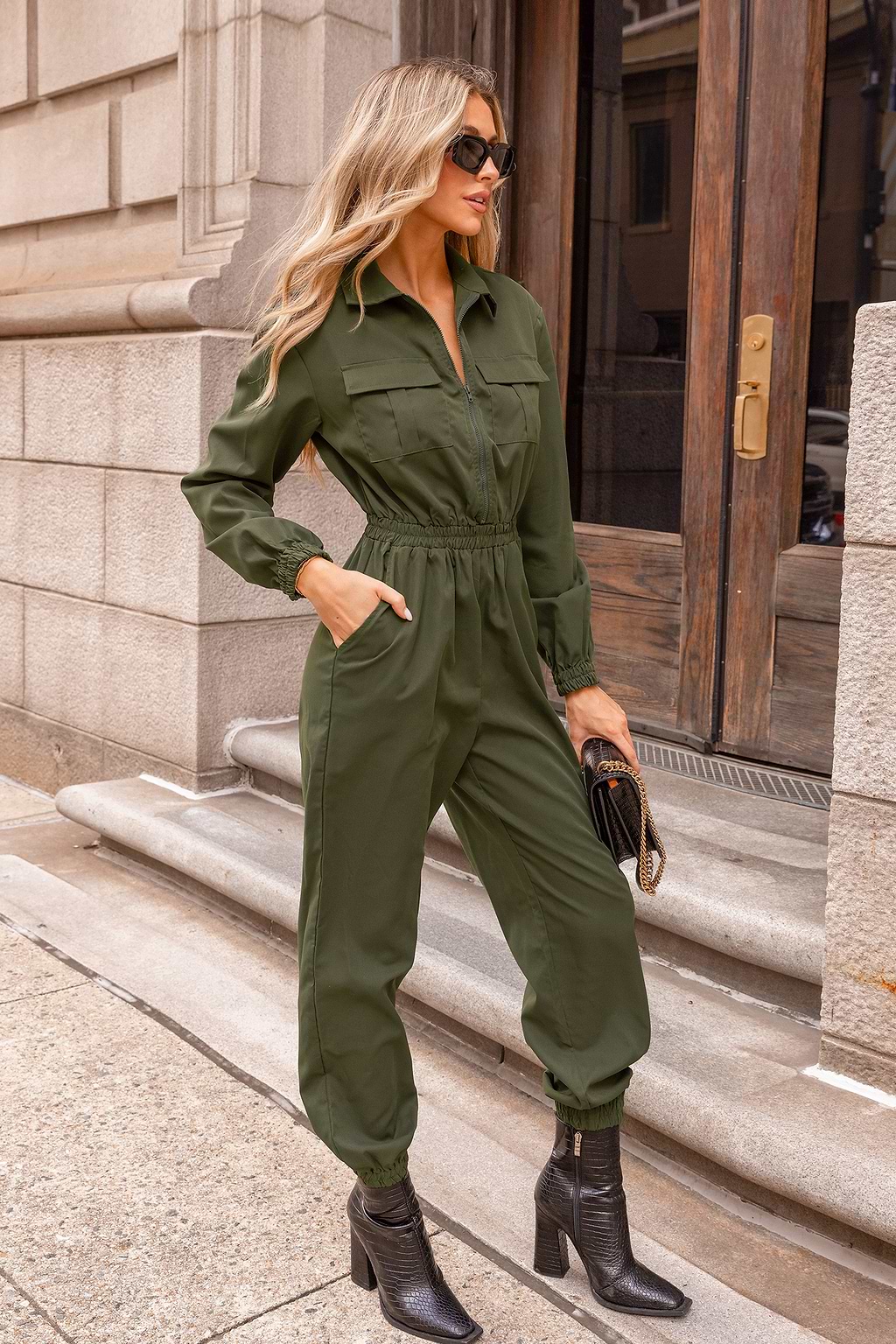 Olive Collared Long Sleeve Jumpsuit