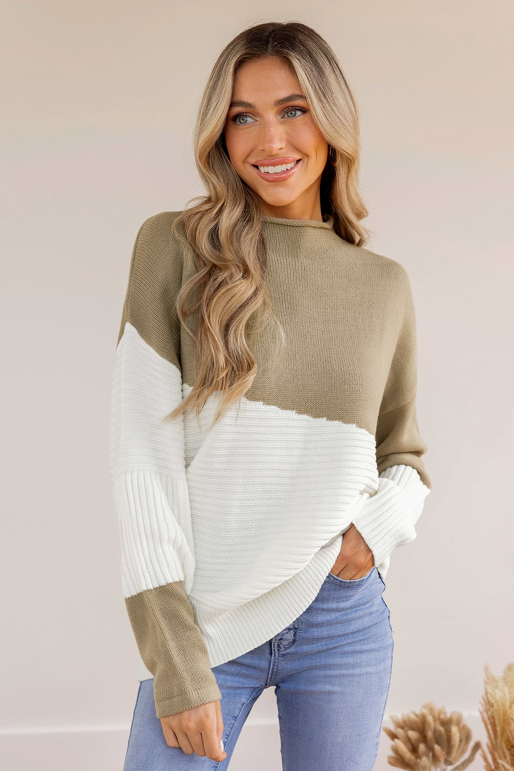 Ribbed Colorblock Mock Neck Sweater