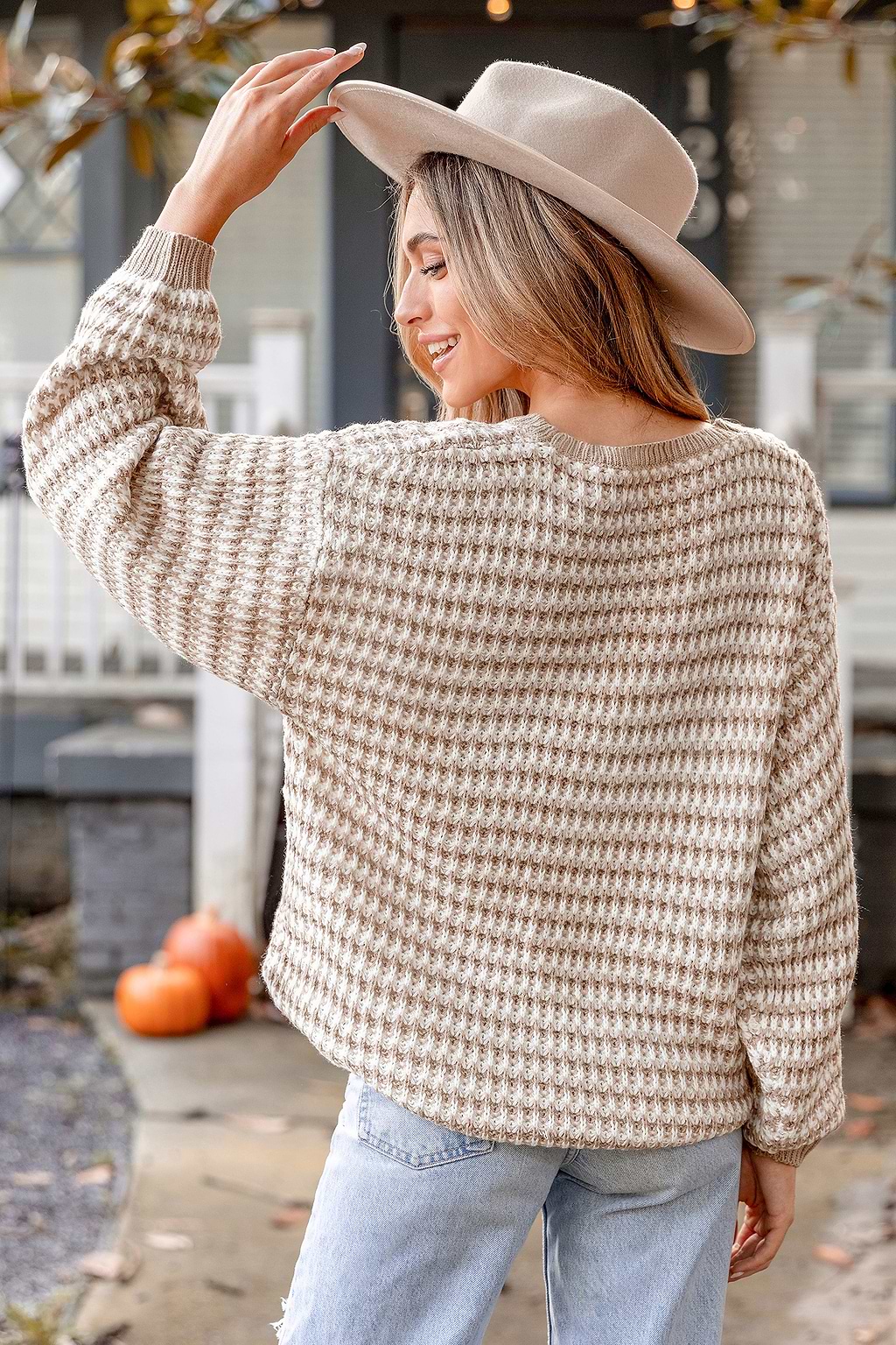 Striped Drop Sleeve Chunky Knit Sweater