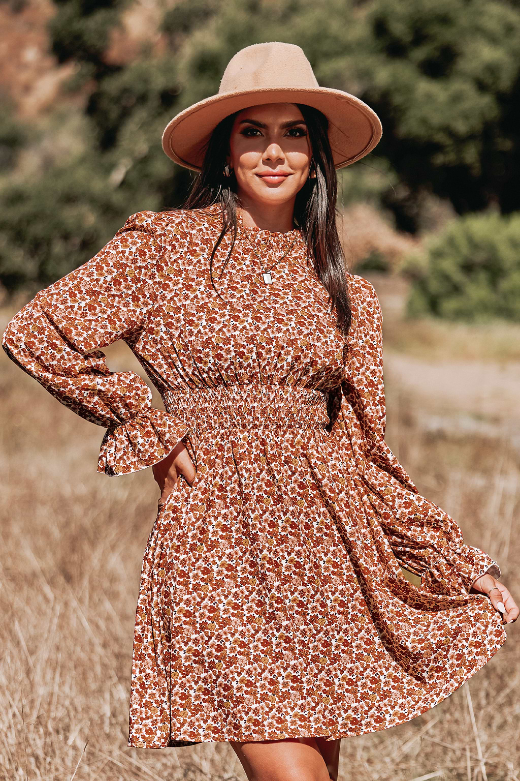 Ditsy Floral Print Ruffled Smocked Mini Dress