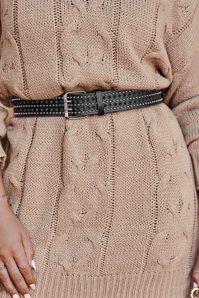 Studded Belt Cable Knit Sweater Dress