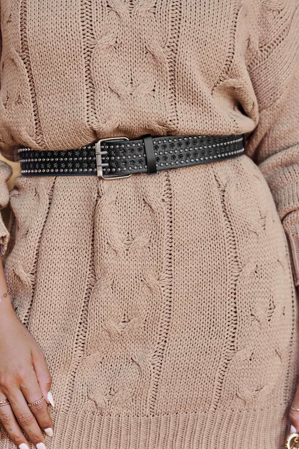 Studded Belt Cable Knit Jumper Dress