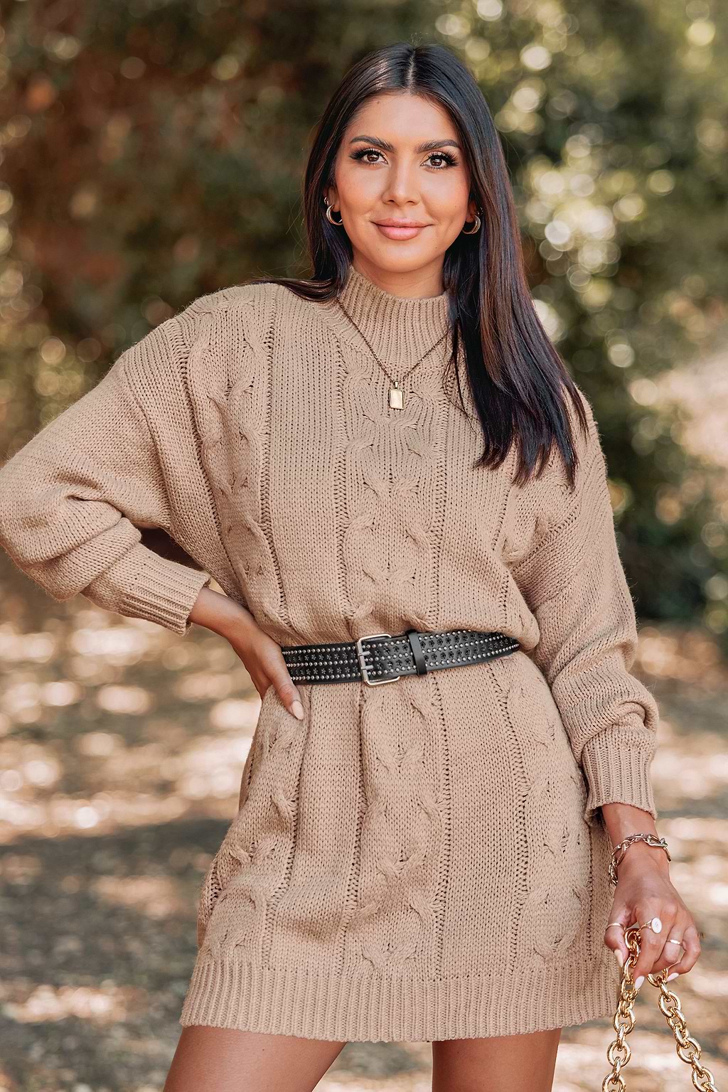 Studded Belt Cable Knit Sweater Dress