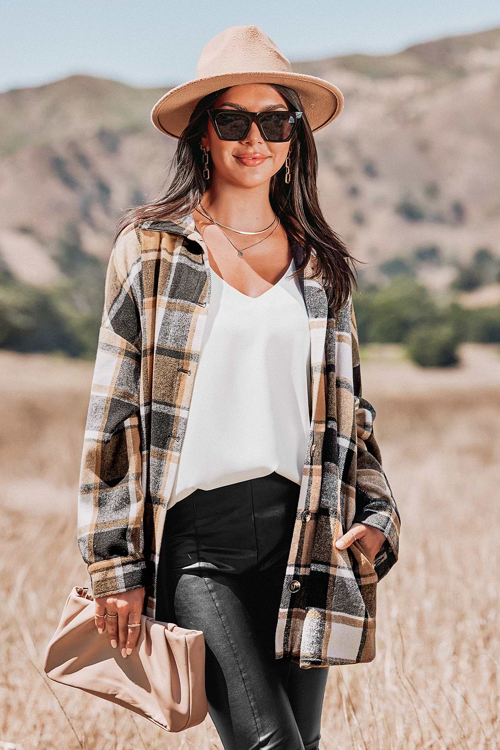Plaid Button-Front Dropped Long Sleeves Shacket