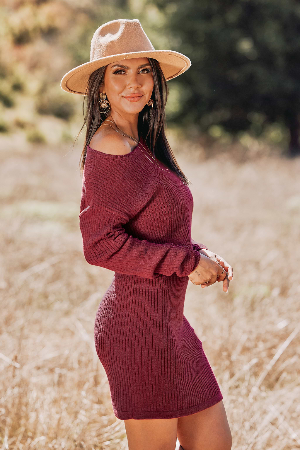 Mulberry Wine Rib One-Shoulder Dress