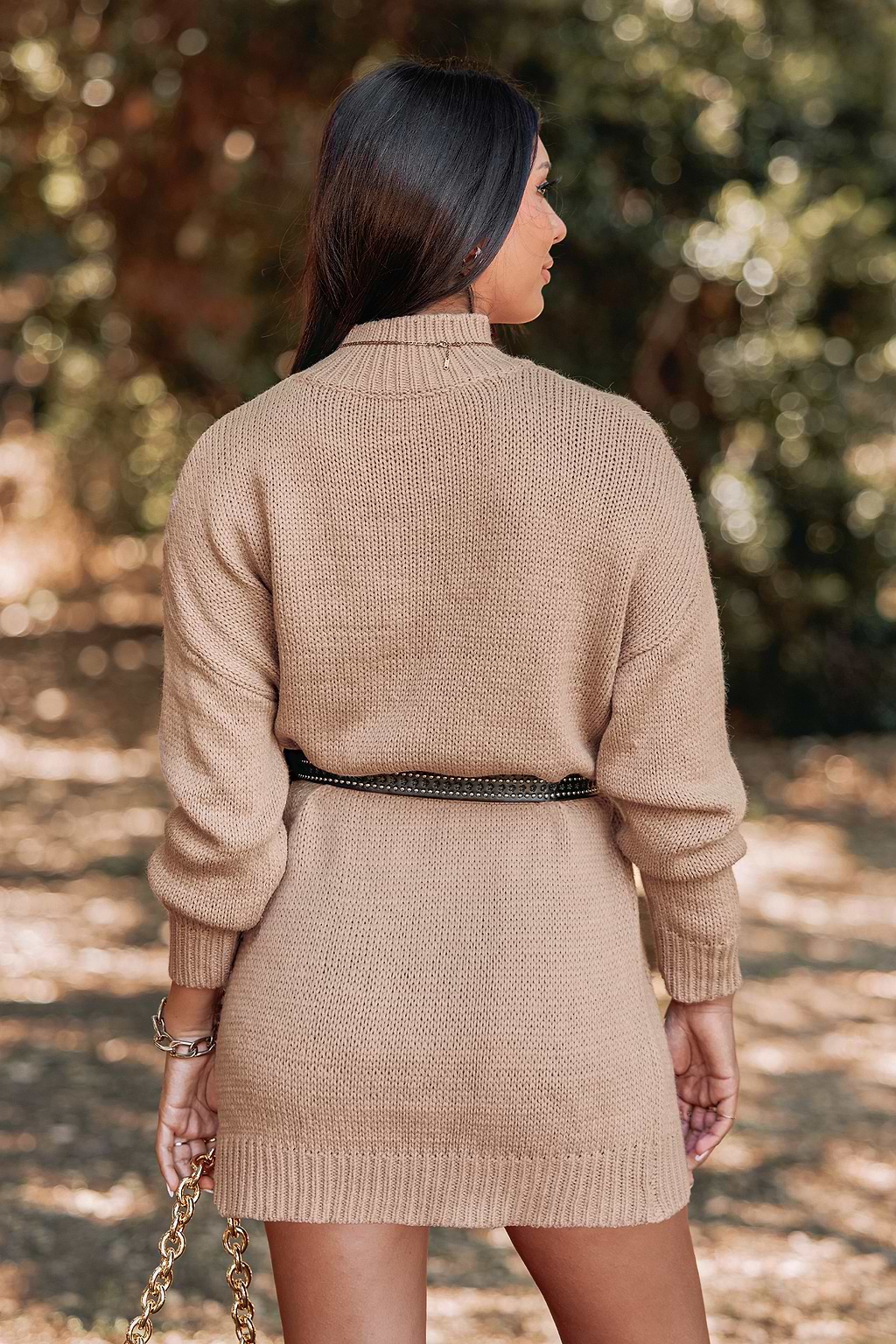 Studded Belt Cable Knit Sweater Dress