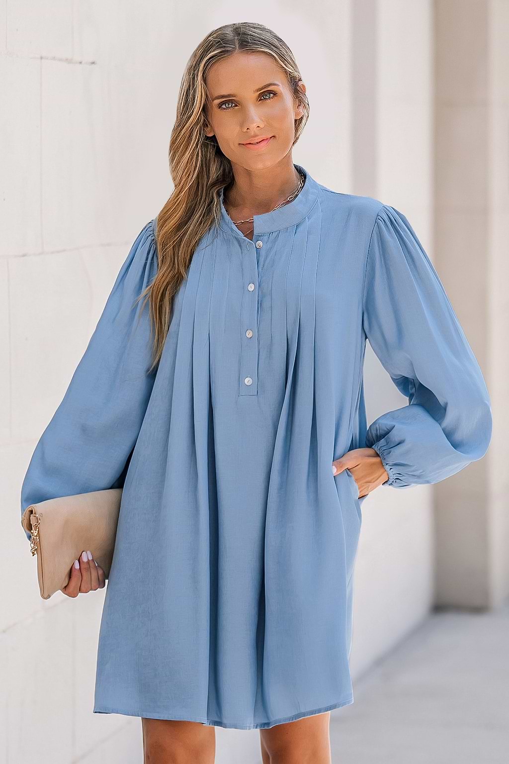 Pleated Half-Button Mini Shirt Dress