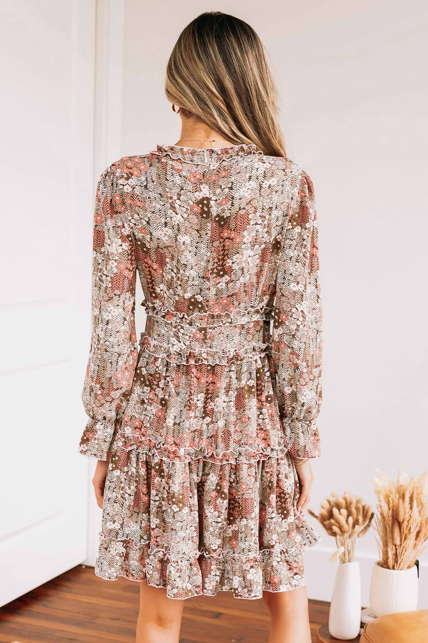 Ditsy Floral Print V-Neck Ruffled Mini Dress