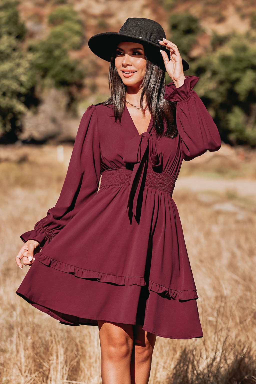 X Macy Burgundy Autumn Air Bow Tiered Ruffled Mini Dress