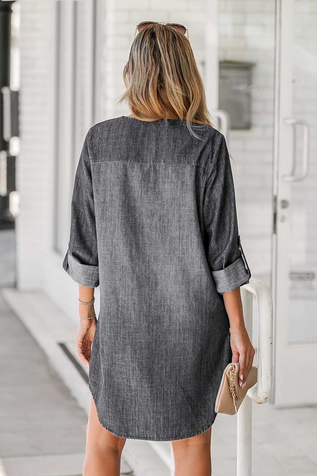 Denim Roll-Tab Sleeve Mini Dress