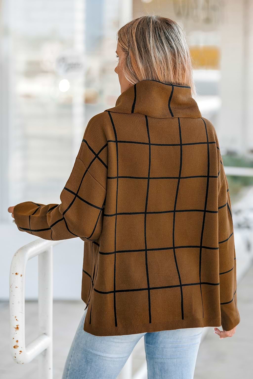 Grid Print Turtleneck Sweater