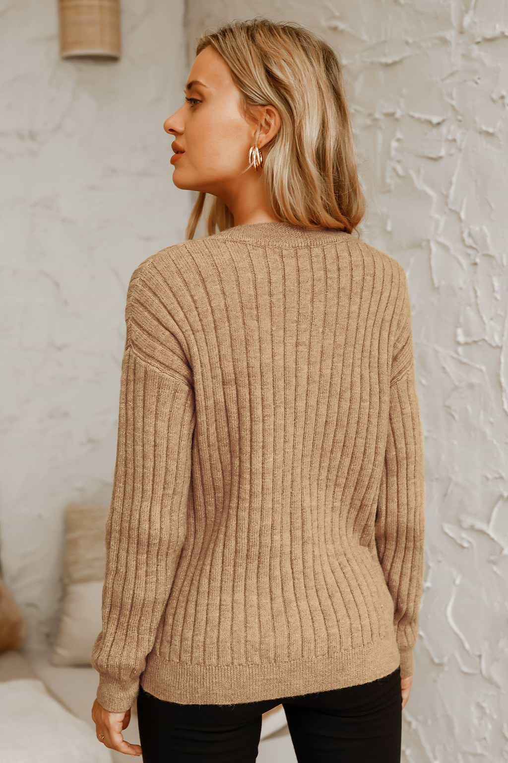 Rib V-Neck Drop Sleeve Sweater