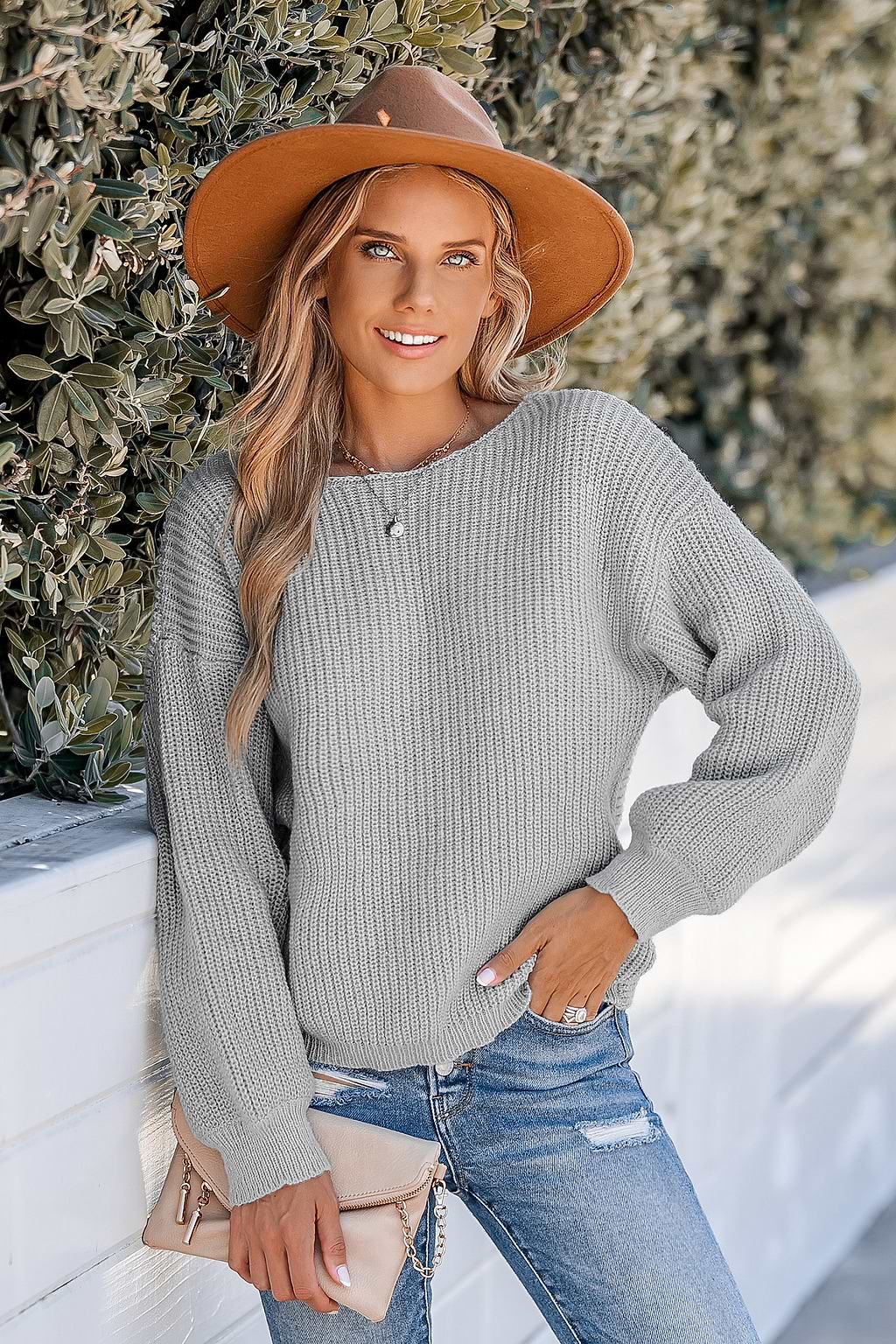 Gray Chunky Knit Drop Sleeve Sweater