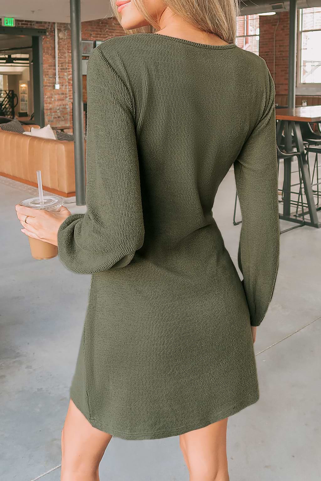 Olive Green Knotted Sash Mini Dress