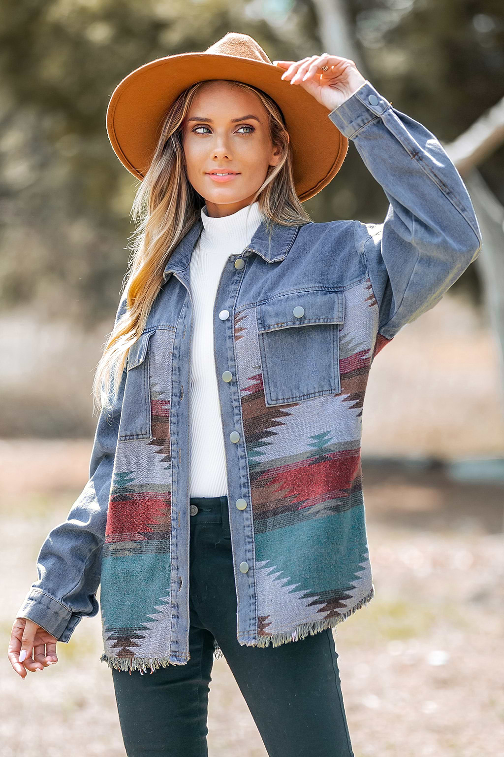 Western Print Button-Front Denim Jacket