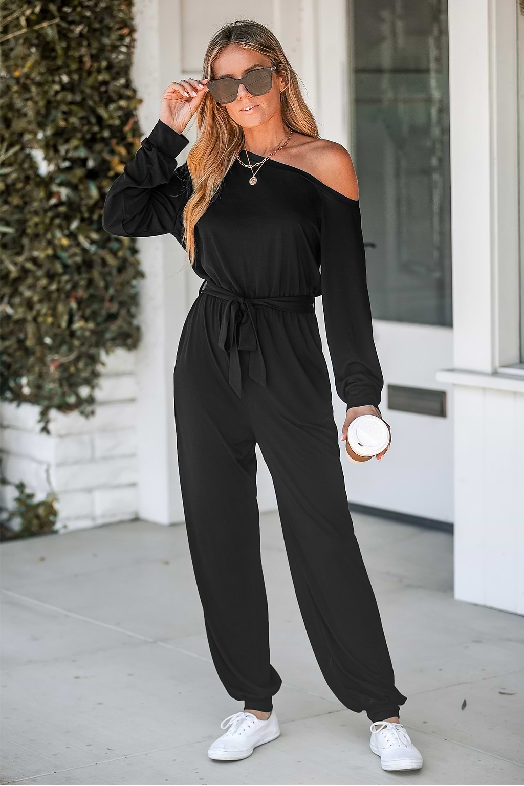 Onyx One-Shoulder Belted Jogger Jumpsuit