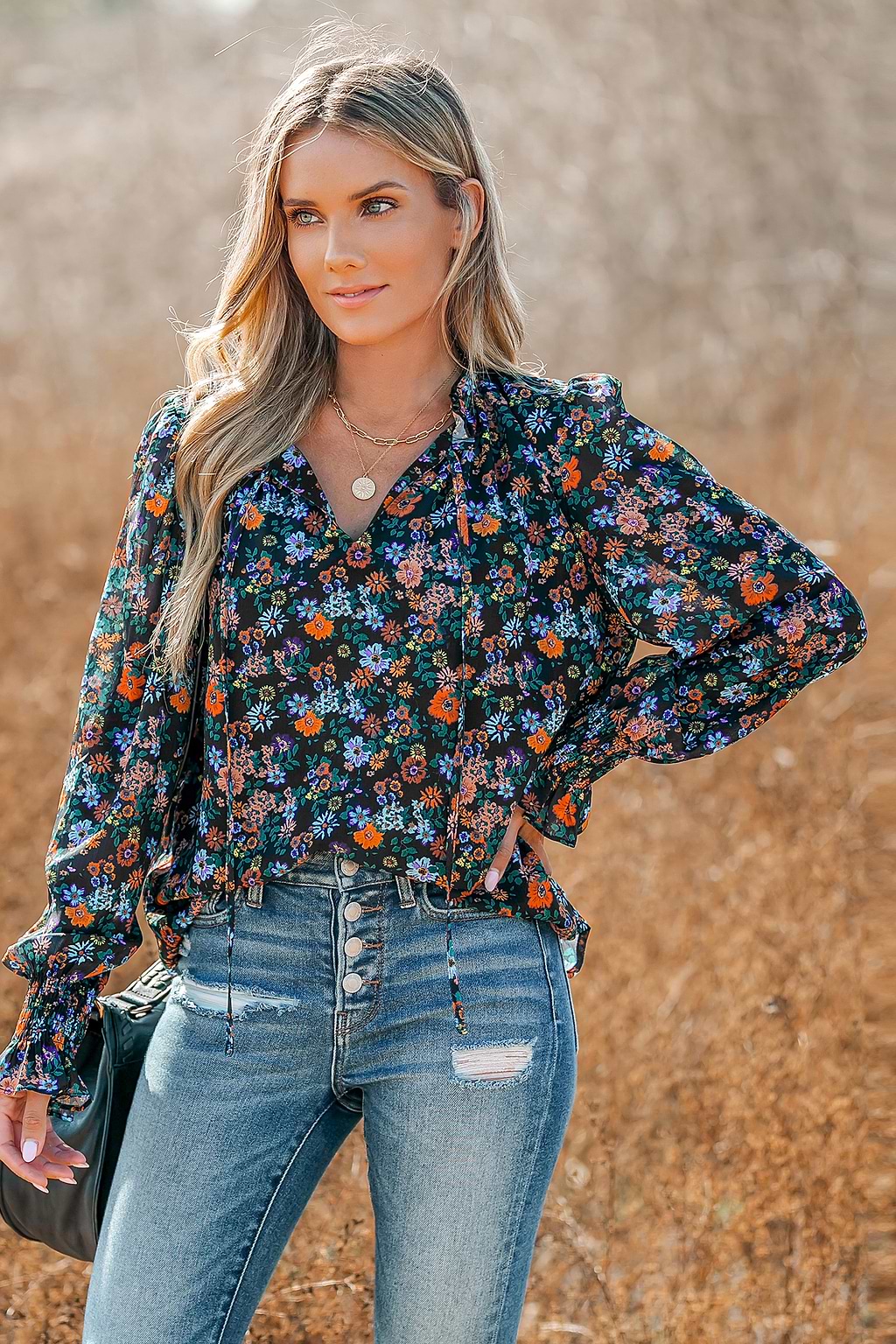 Top fruncido con estampado floral de florecitas