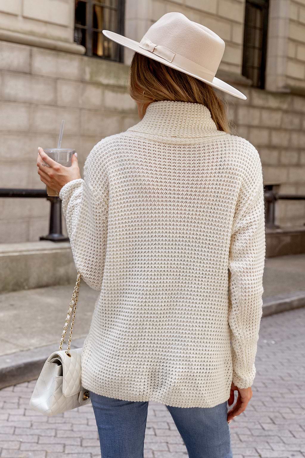 Ivory Chunky Knit Buttoned Turtleneck Sweater