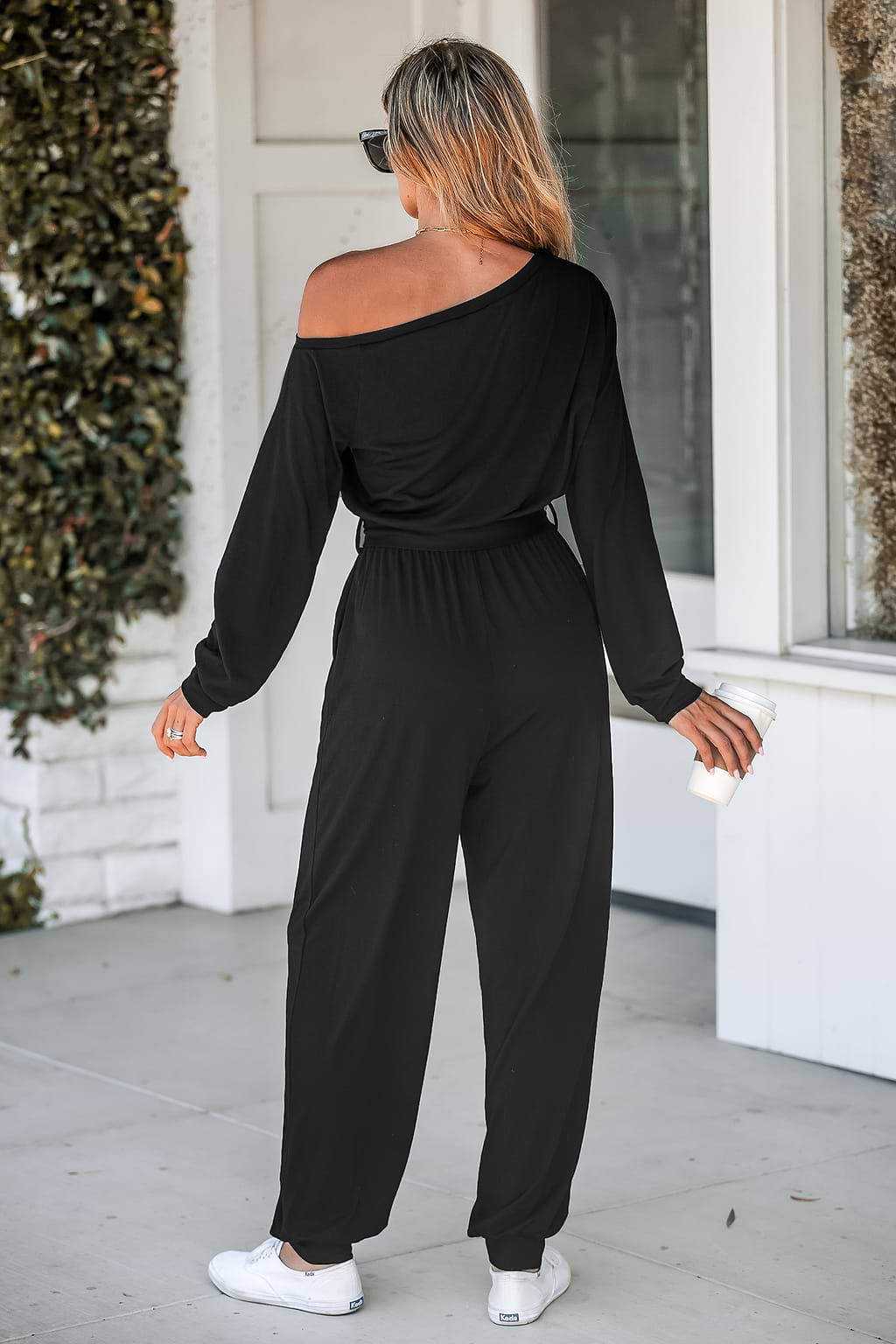 Onyx One-Shoulder Belted Jogger Jumpsuit