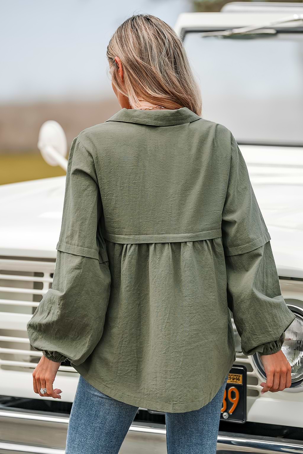 Army Green Peasant Sleeve Top