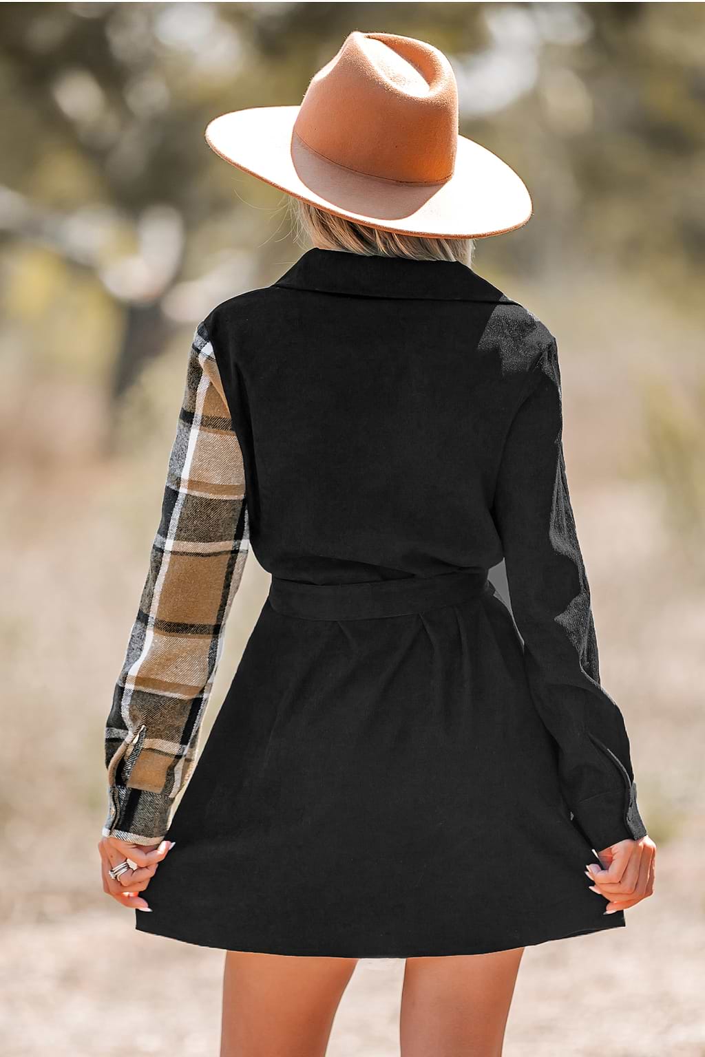 Plaid Patternblock Belted Shirt Dress