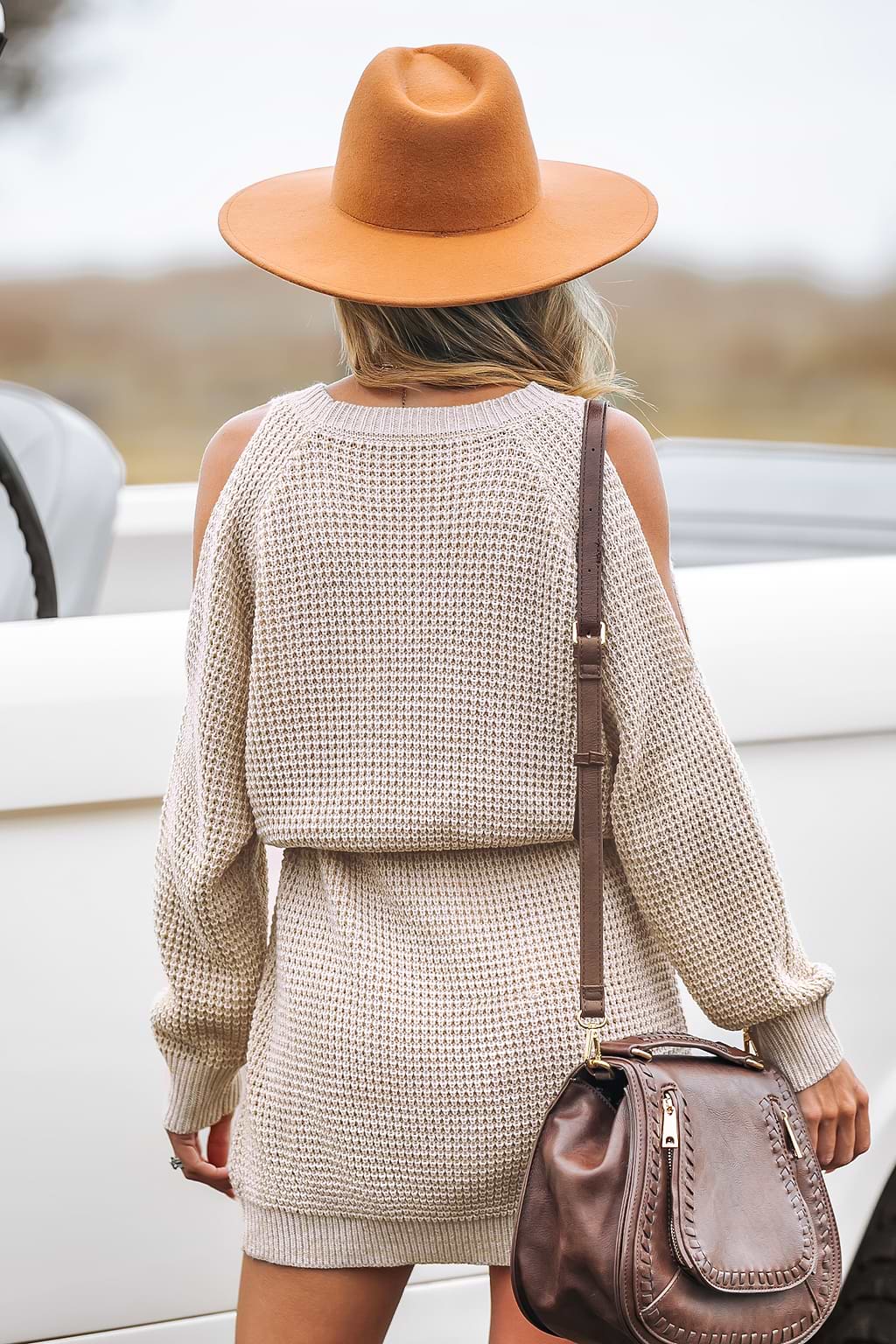 Sand Waffle Knit Open-Shoulder Sweater Dress