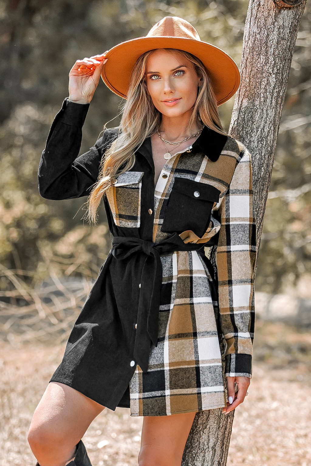 Plaid Patternblock Belted Shirt Dress