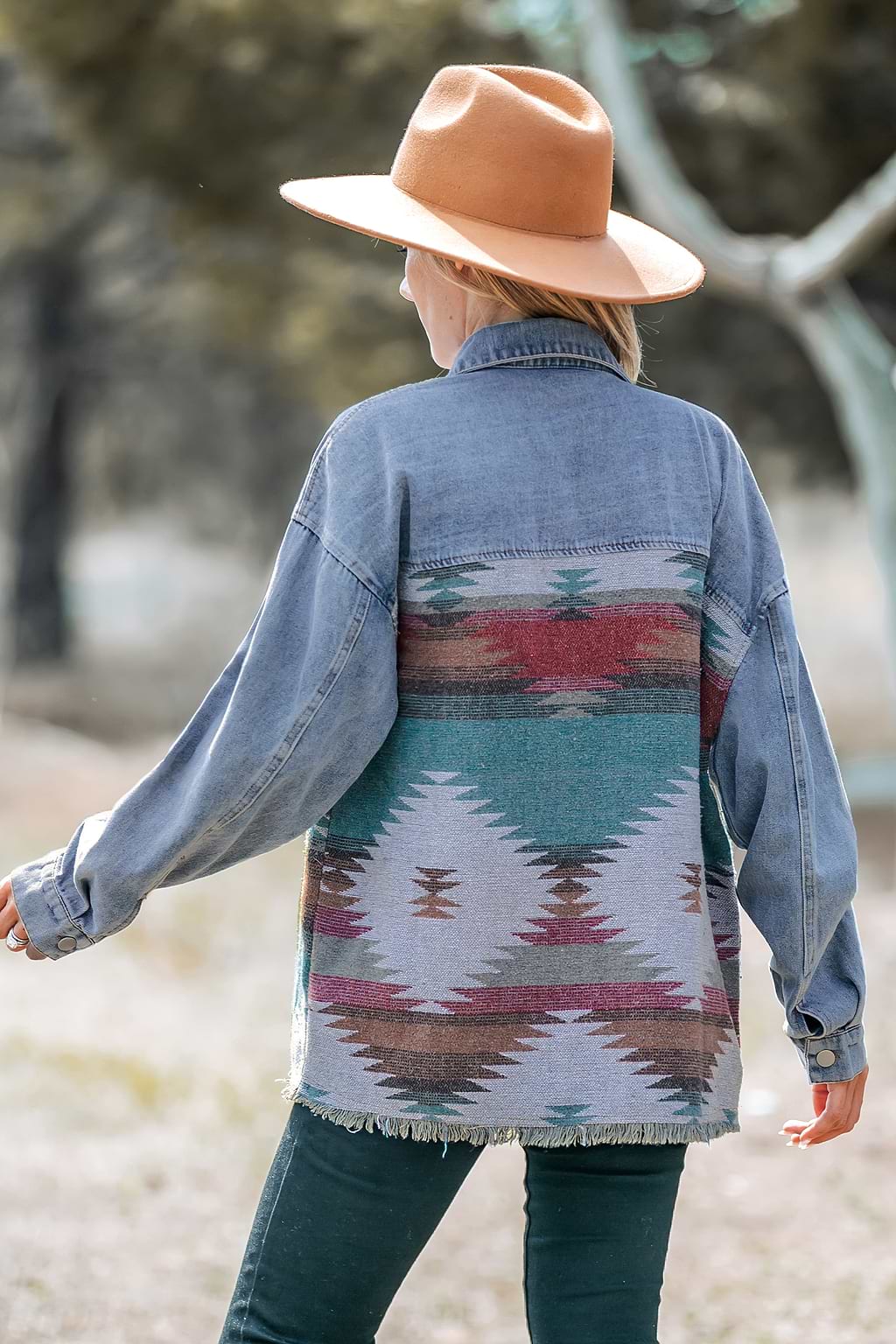 Western Print Button-Front Denim Jacket