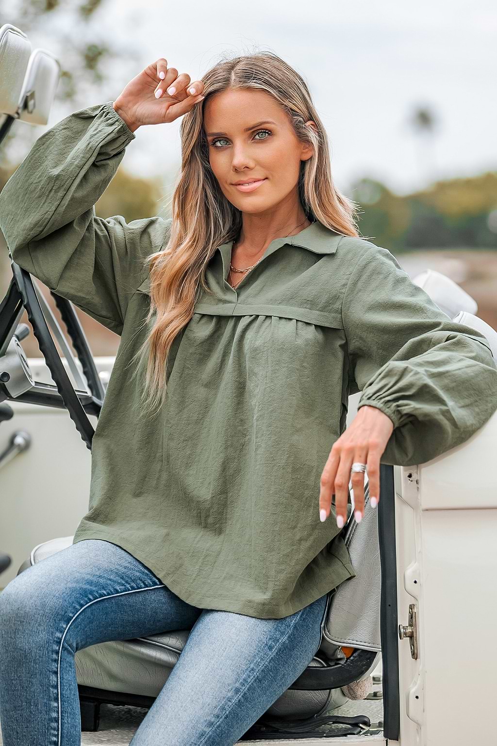 Army Green Peasant Sleeve Top