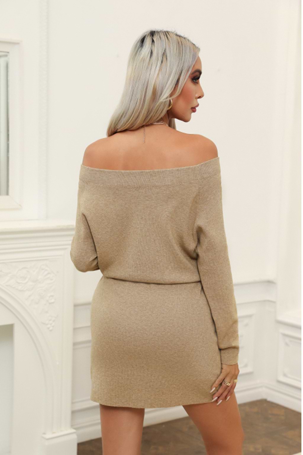 Marled Knit Drawstring Slit Sweater Dress