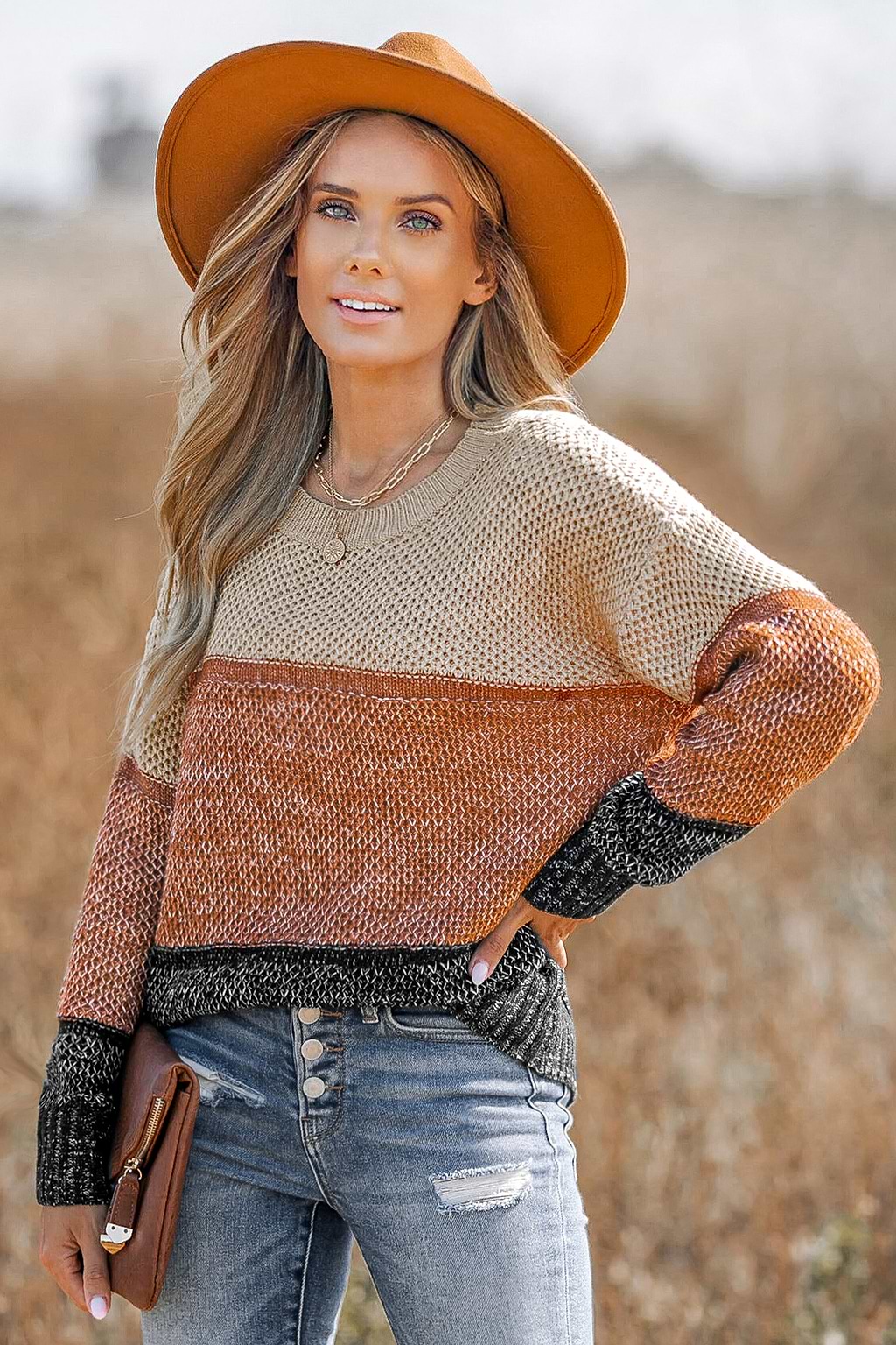 Colorblock Purl Knit Drop Sleeve Sweater