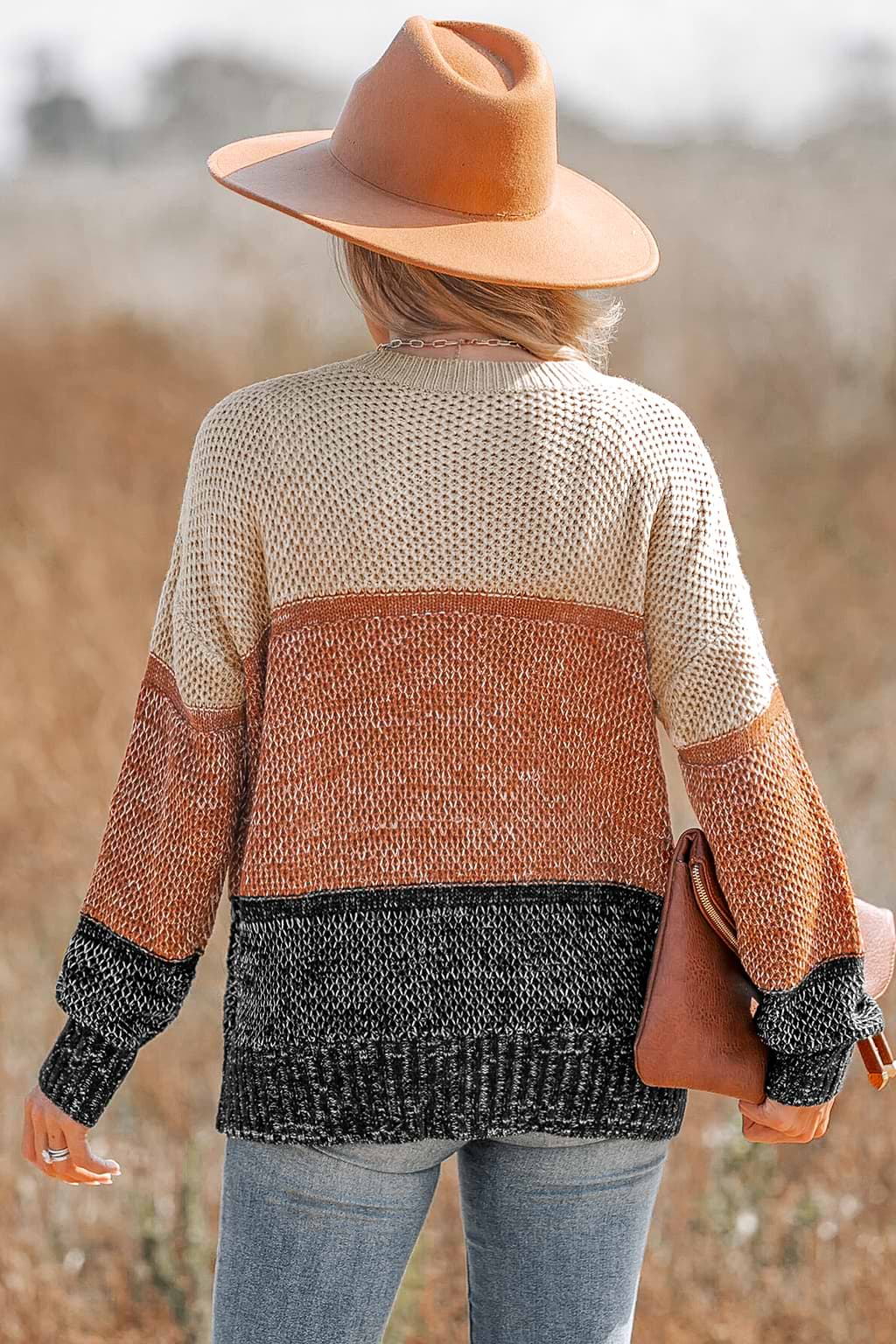 Colorblock Purl Knit Drop Sleeve Sweater