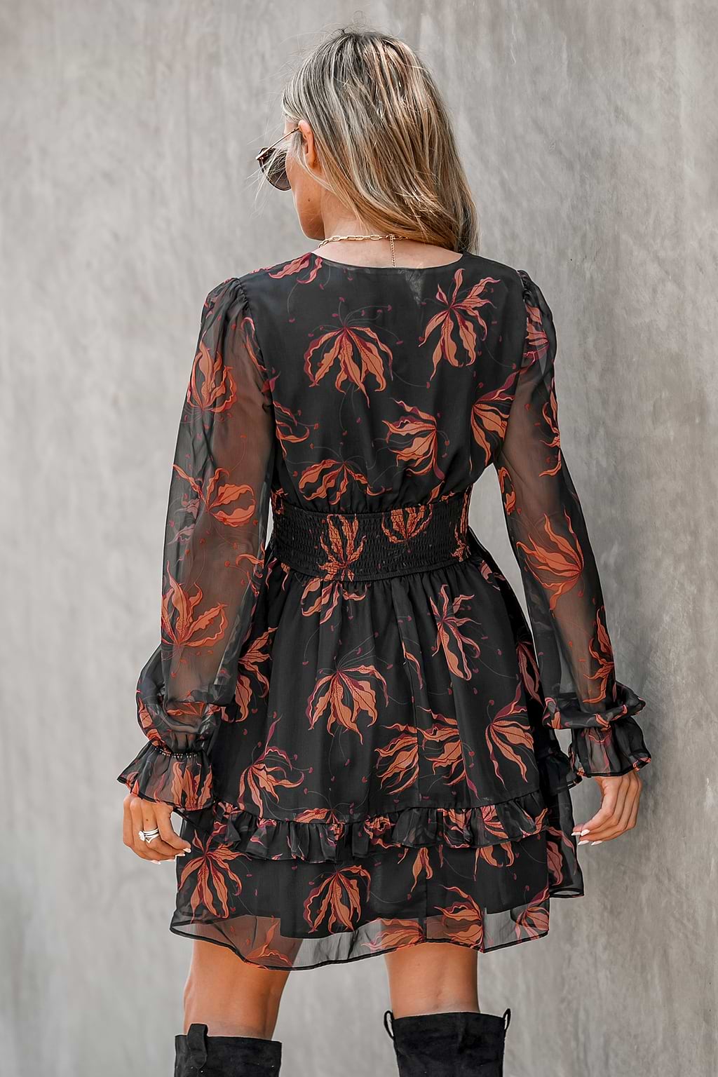 Leaf Print Bow Front Chiffon Mini Dress