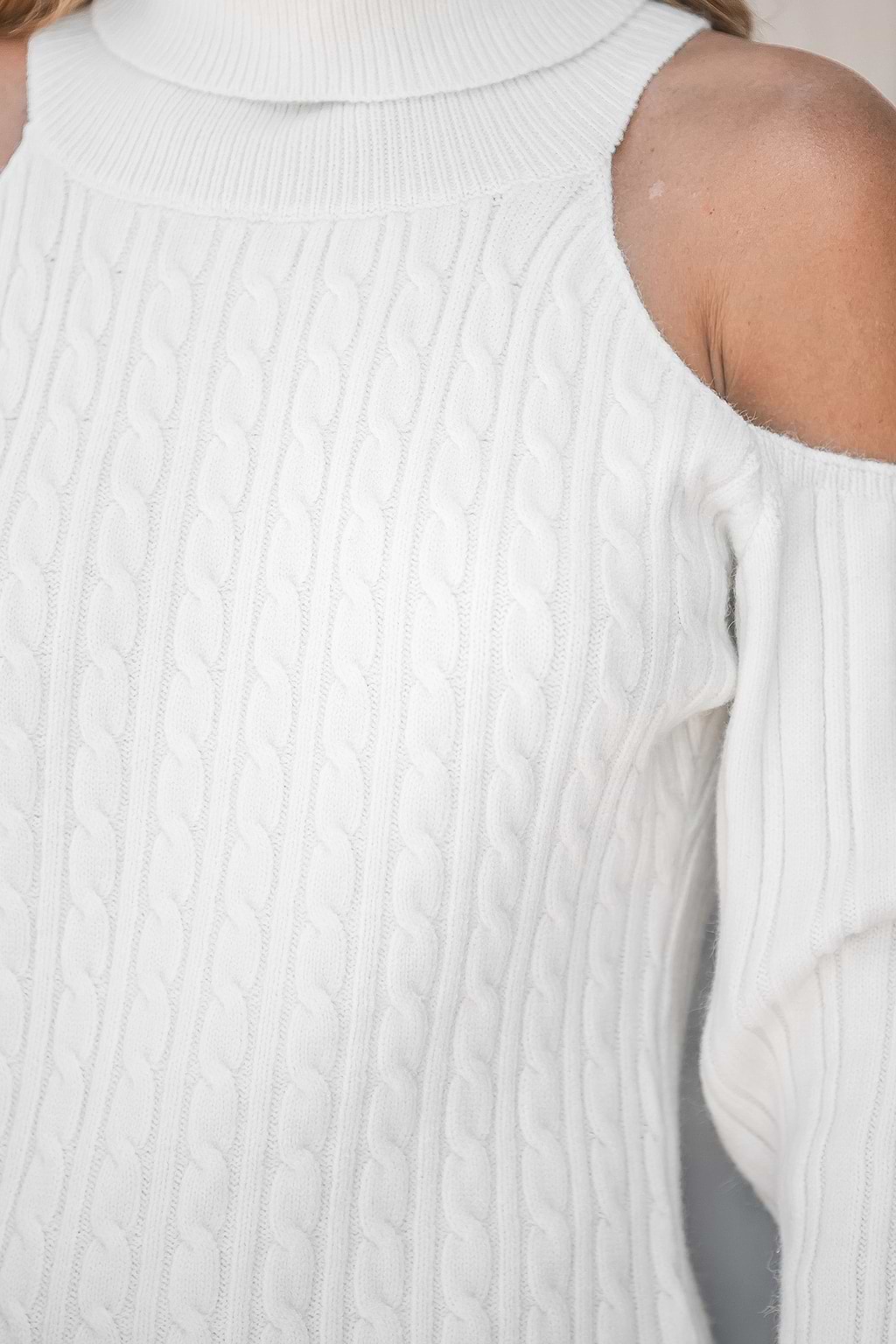 Cable Knit Open-Shoulder Turtleneck Jumper Dress