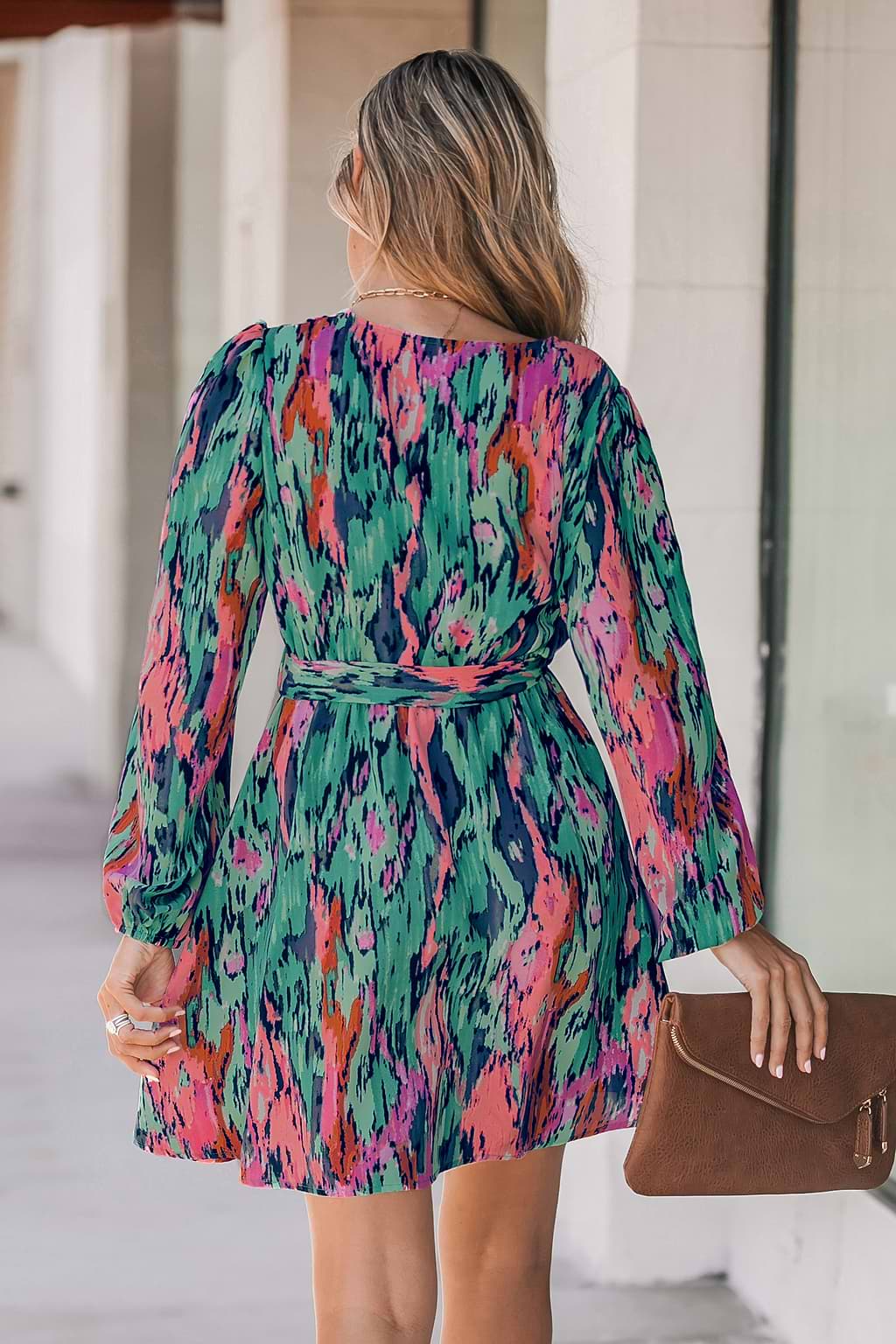 Belted Abstract Print Peasant Sleeve Dress