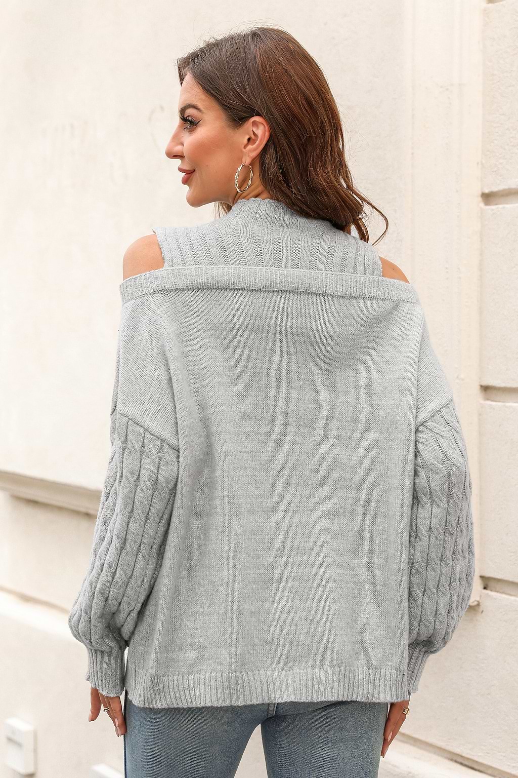 Gray Cable Knit Open-Shoulder Sweater