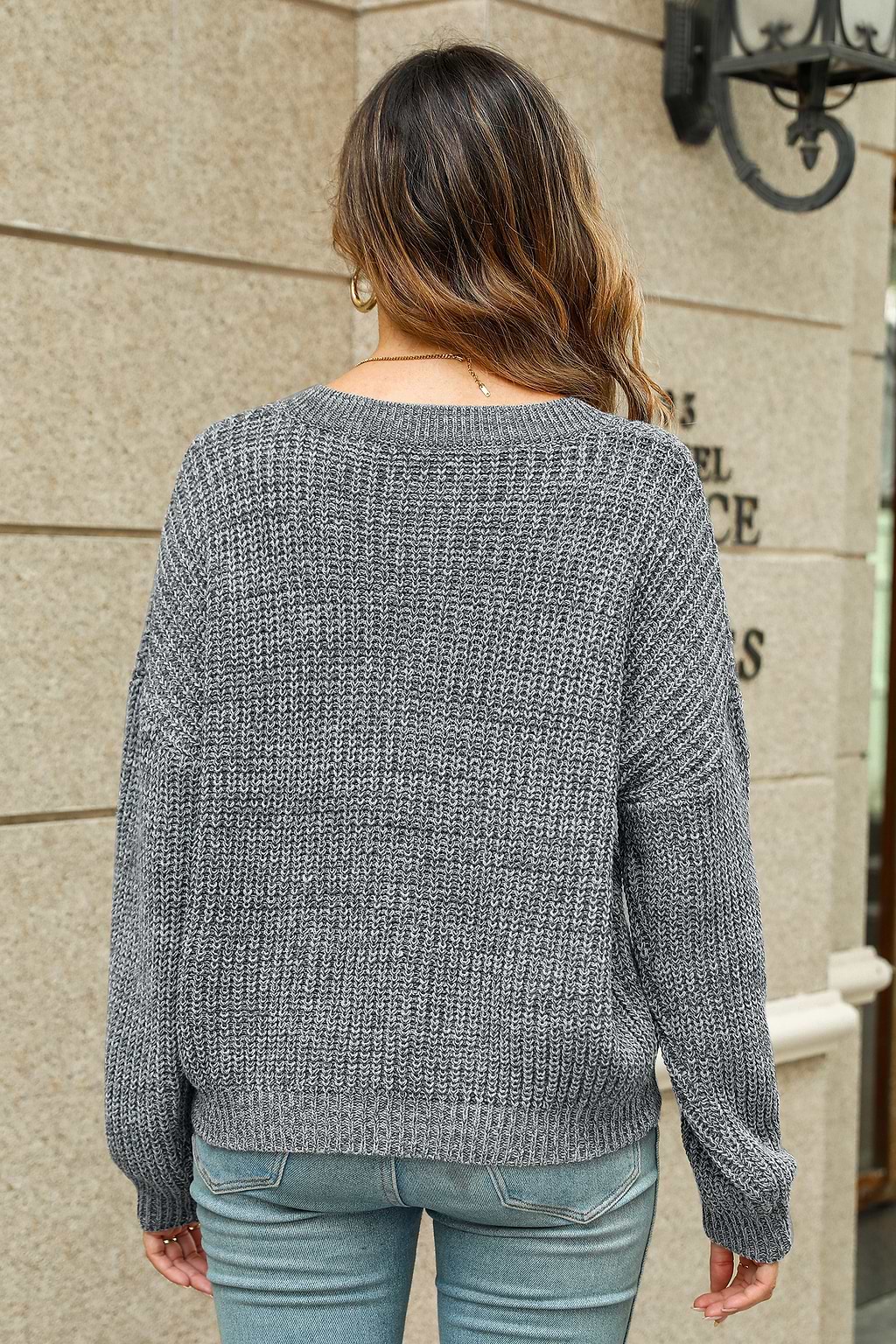 Chunky Heathered Knit V-Neck Sweater