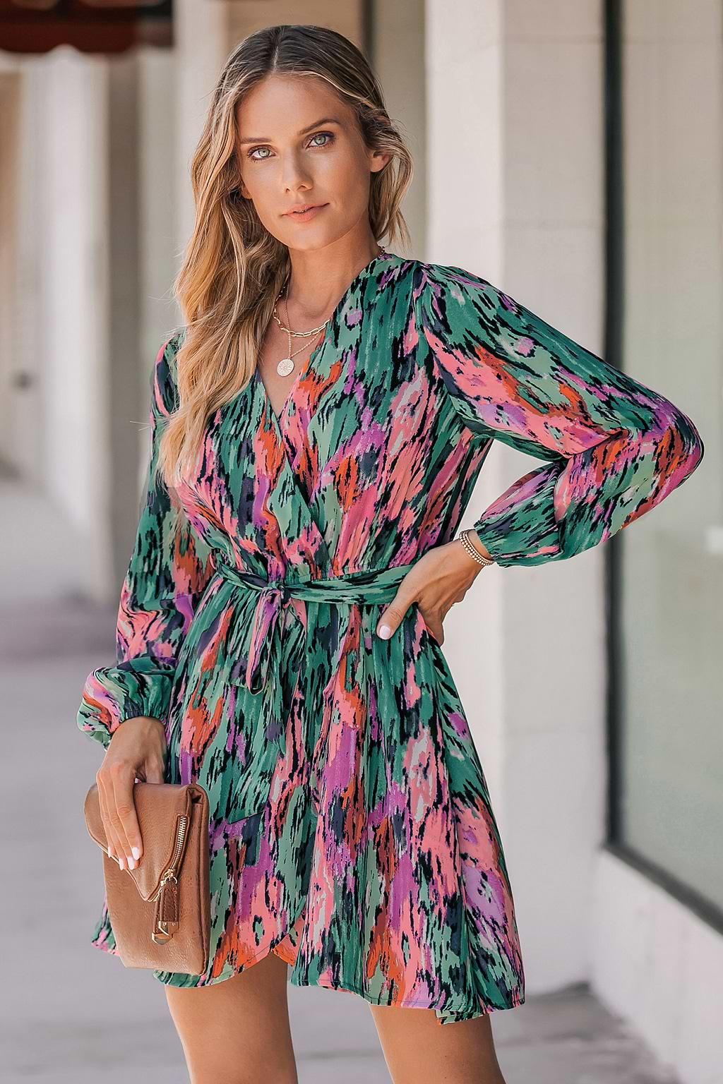 Belted Abstract Print Peasant Sleeve Dress