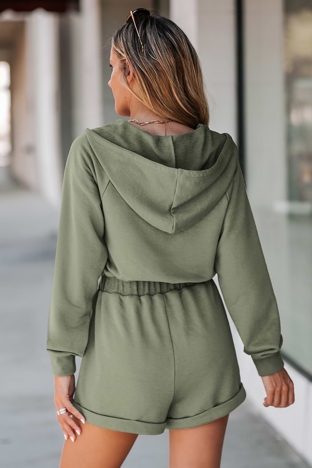 Olive Drawstring Hood Zip-Up Romper