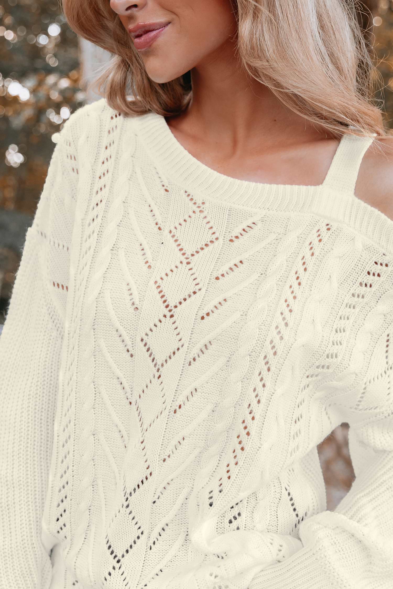 ニット+セーター little suzie Cut Out Shoulder Cable Knit Taupe Cable Knit Cut Out Shoulder Jumper