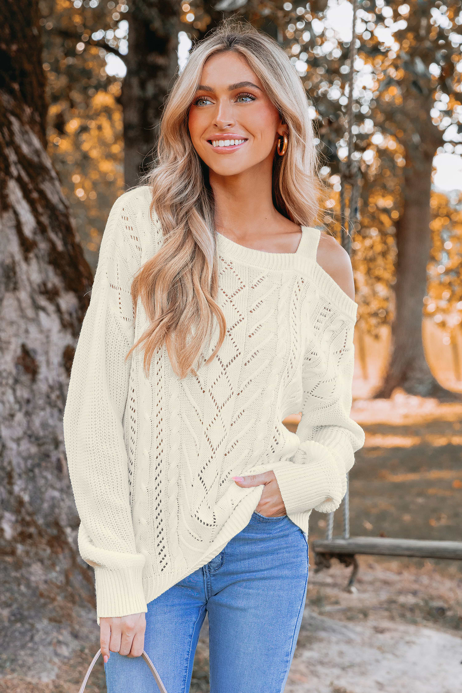Cutout Cable Knit One-Shoulder Sweater