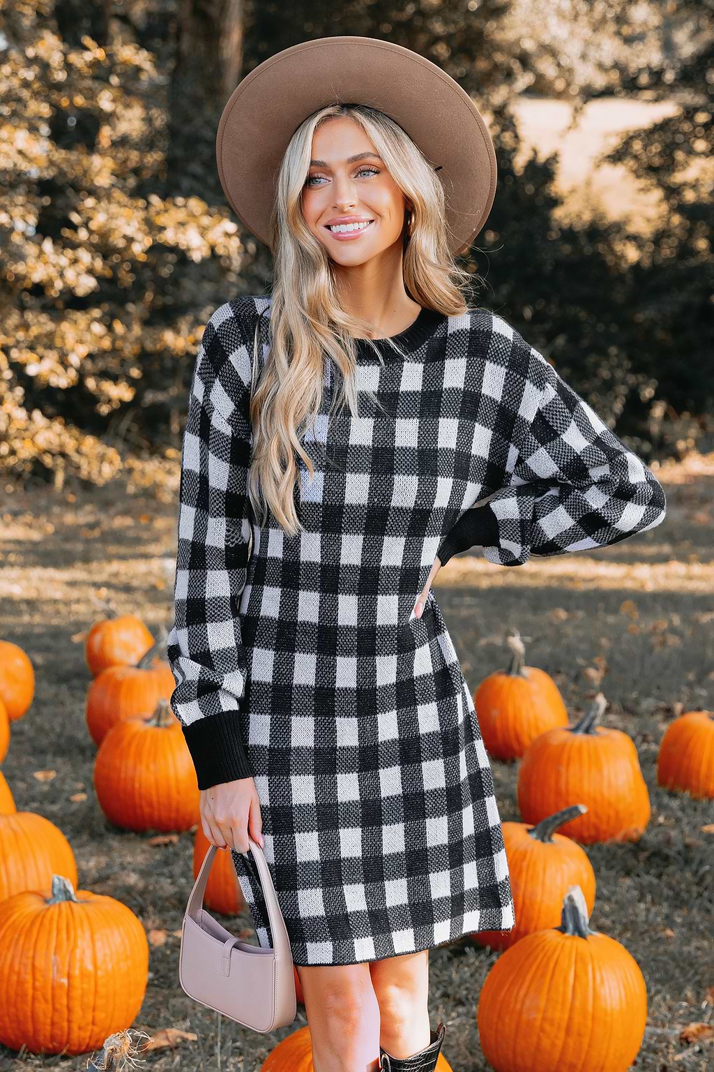 Buffalo Plaid Drop Sleeve Sweater Dress