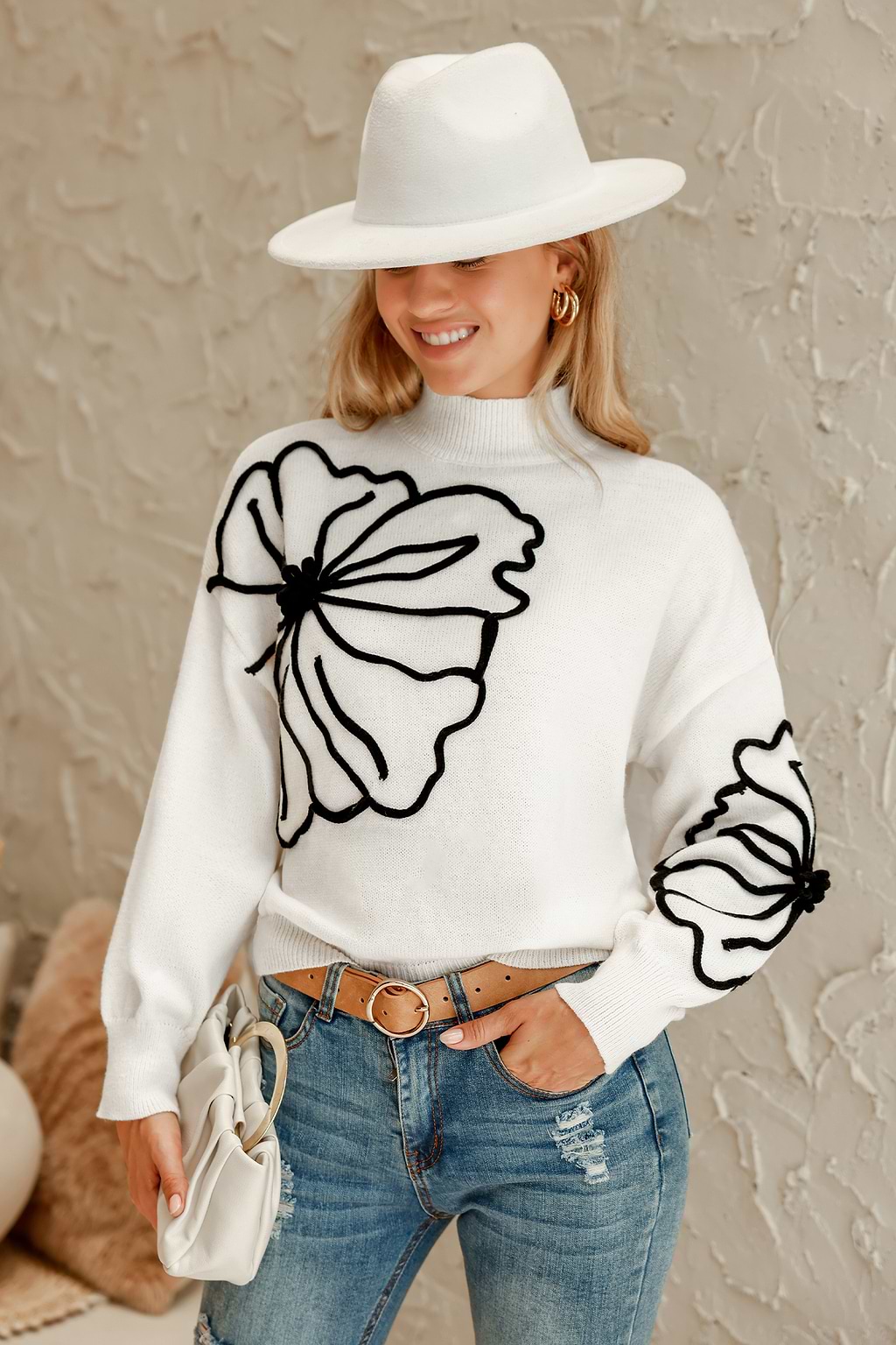 Floral Embroidery Turtleneck Sweater