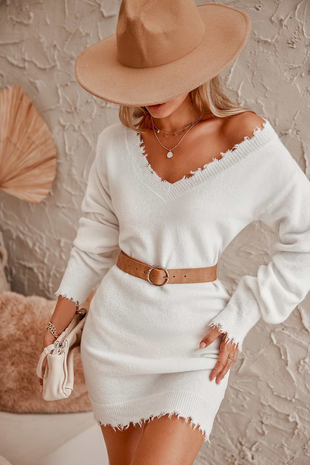 Frayed V-Neck Mini Sweater Dress