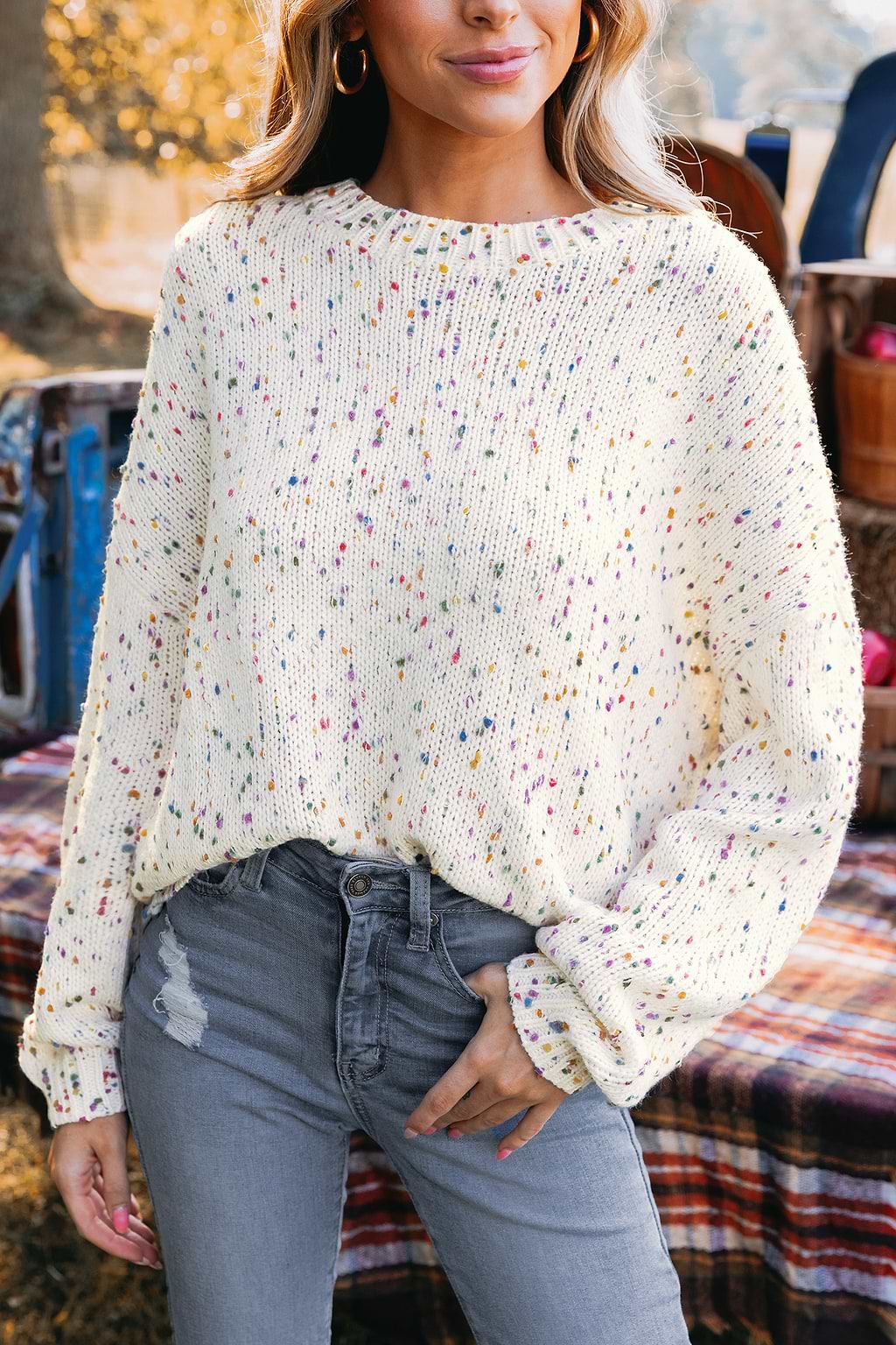 Rainbow Pom Pom Drop Sleeve Sweater