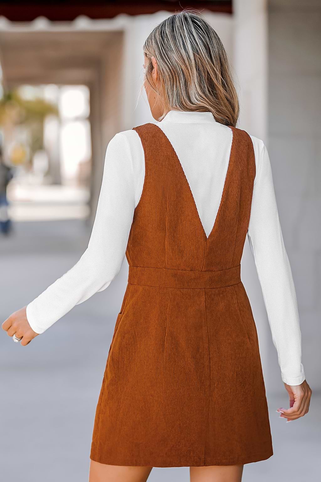 Corduroy V-Neck Buttoned Pinafore Dress