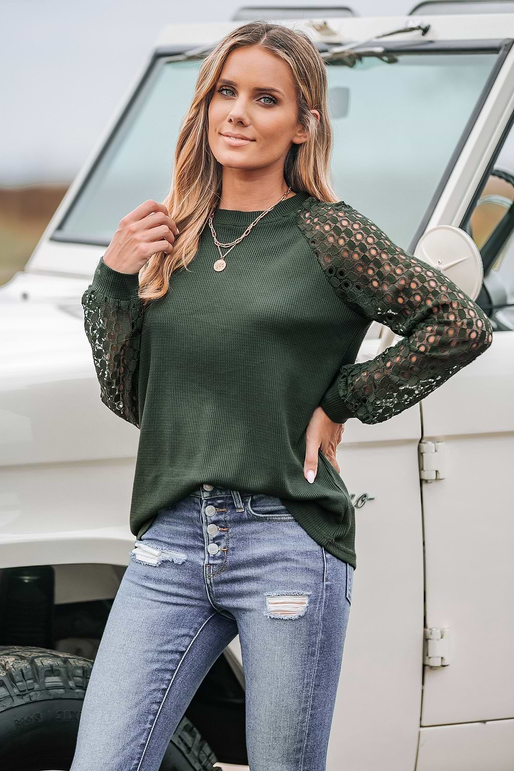 Olive Green Cutout Lace Sleeve Tee