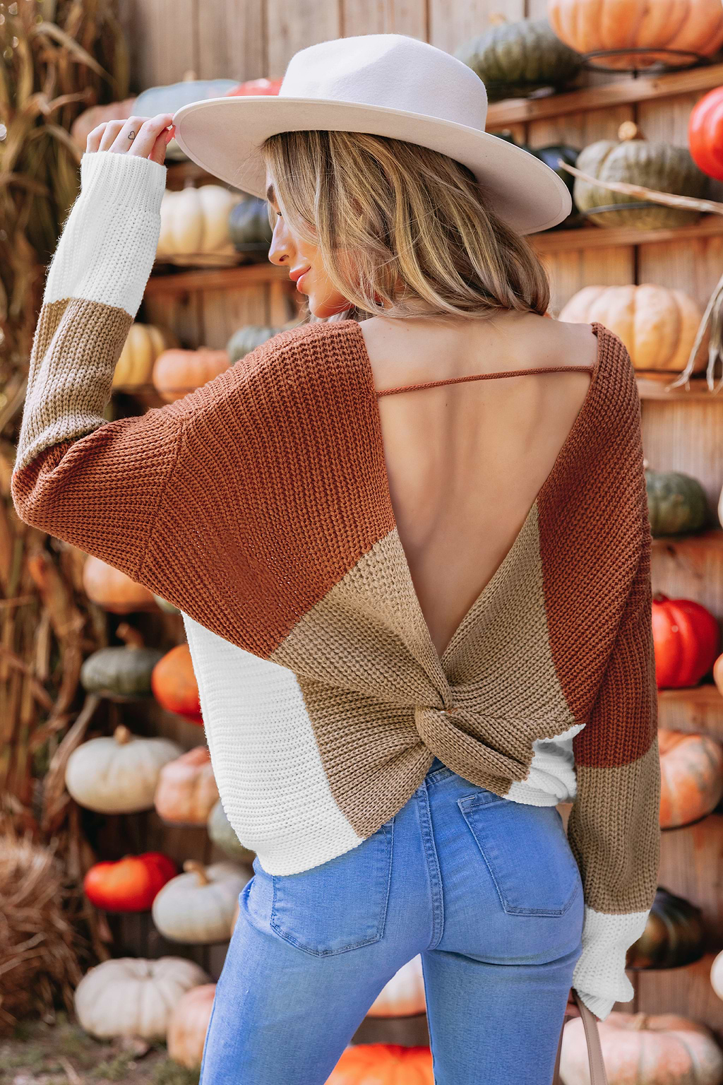 Colorblock Cutout Twist-Back Sweater