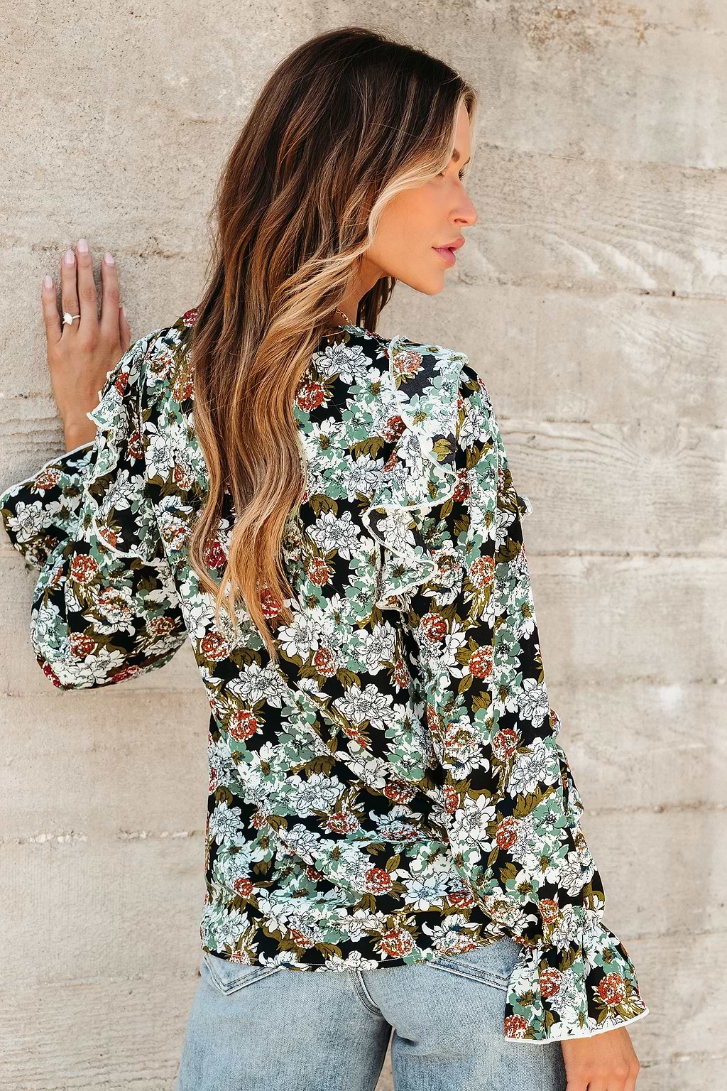 Floral Print Smocked Trumpet Sleeve Top